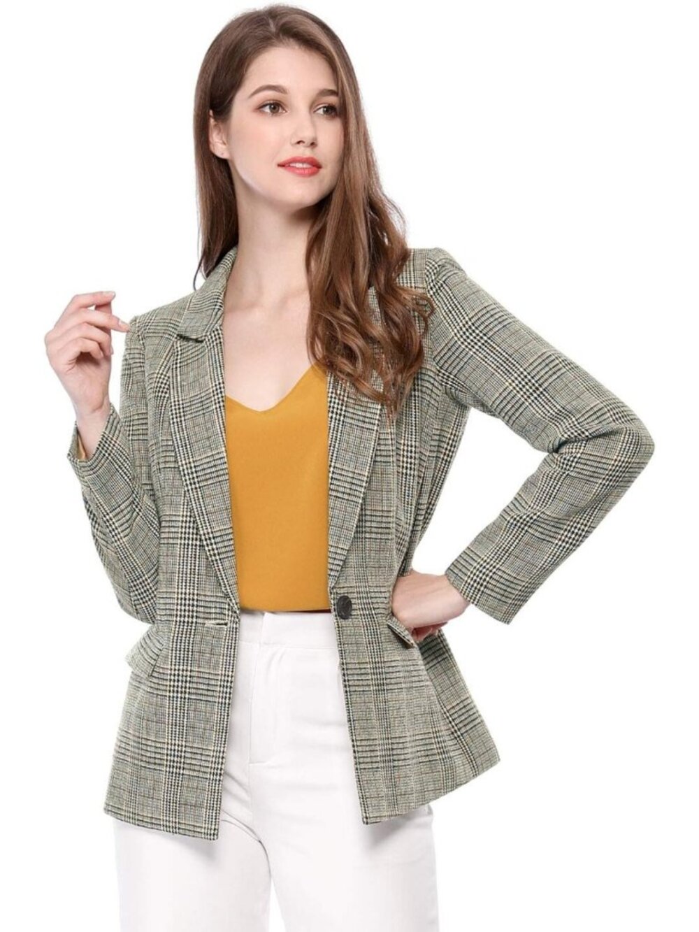 Chic Notched Lapel One Button Boyfriend Blazer - Houndstooth Work Office Jacket